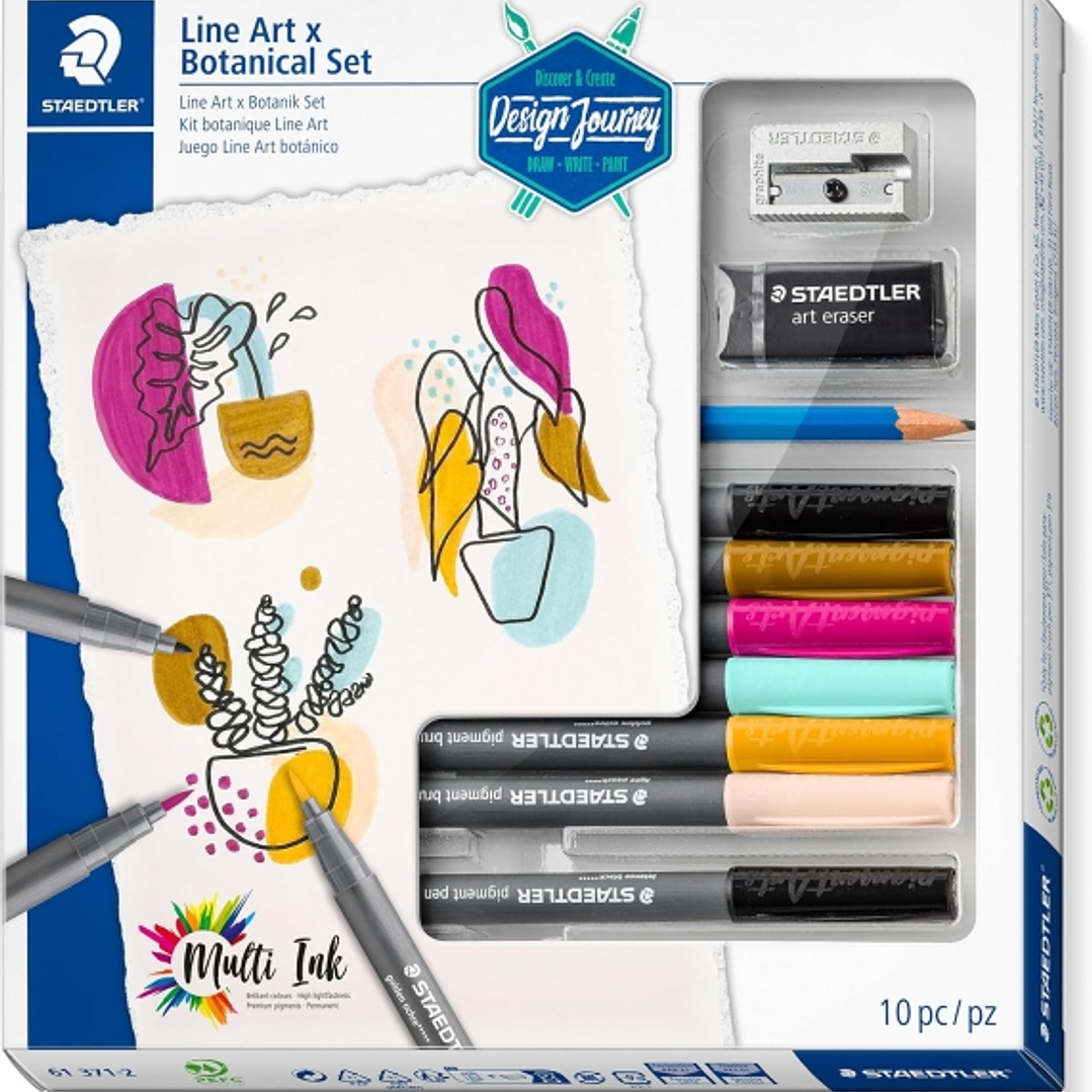 Staedtler Line Art & Botanical Set Design Journey Pack con 6 Rotuladores Pigment Art en Colores Surtidos, Lapiz, Goma de Borrar y Afilalapices 1