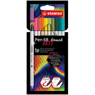 Stabilo Pen 68 Brush Arty Pack de 10 Rotuladores - Punta de Pincel - Tinta a Base de Agua - Colores Surtidos