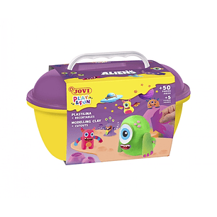 Jovi Play & Fun Cofre Aliens con 24 Barras de Plastilina 15gr + Modeladores + Recortables - Sin Gluten - Base Vegetal - No se Seca - Colores Surtidos