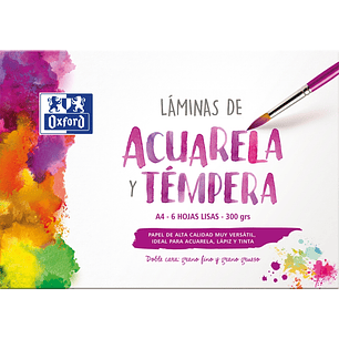 Oxford Pintura Escolar Sobre de Laminas de Acuarela y Tempera A4 - 6 Hojas de 300gr - Ideal para Proyectos Escolares - Superficie Lisa para un Acabado