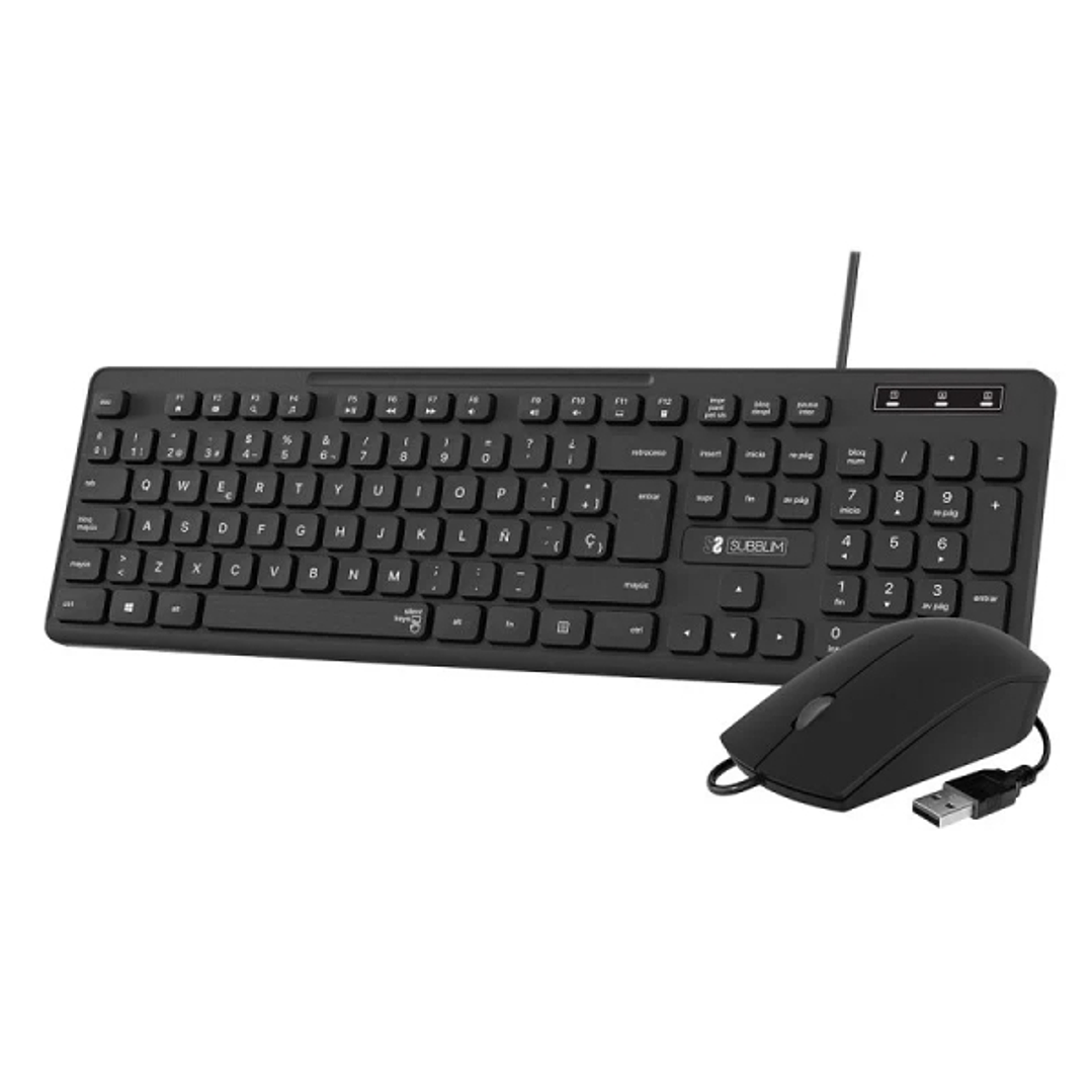 Subblim Combo Business Slim Silencioso con Cable USB - Teclado y Raton - Teclas Ergonomicas de Bajo Perfil - Resistente a Derrames - Pulsaciones Silen 1