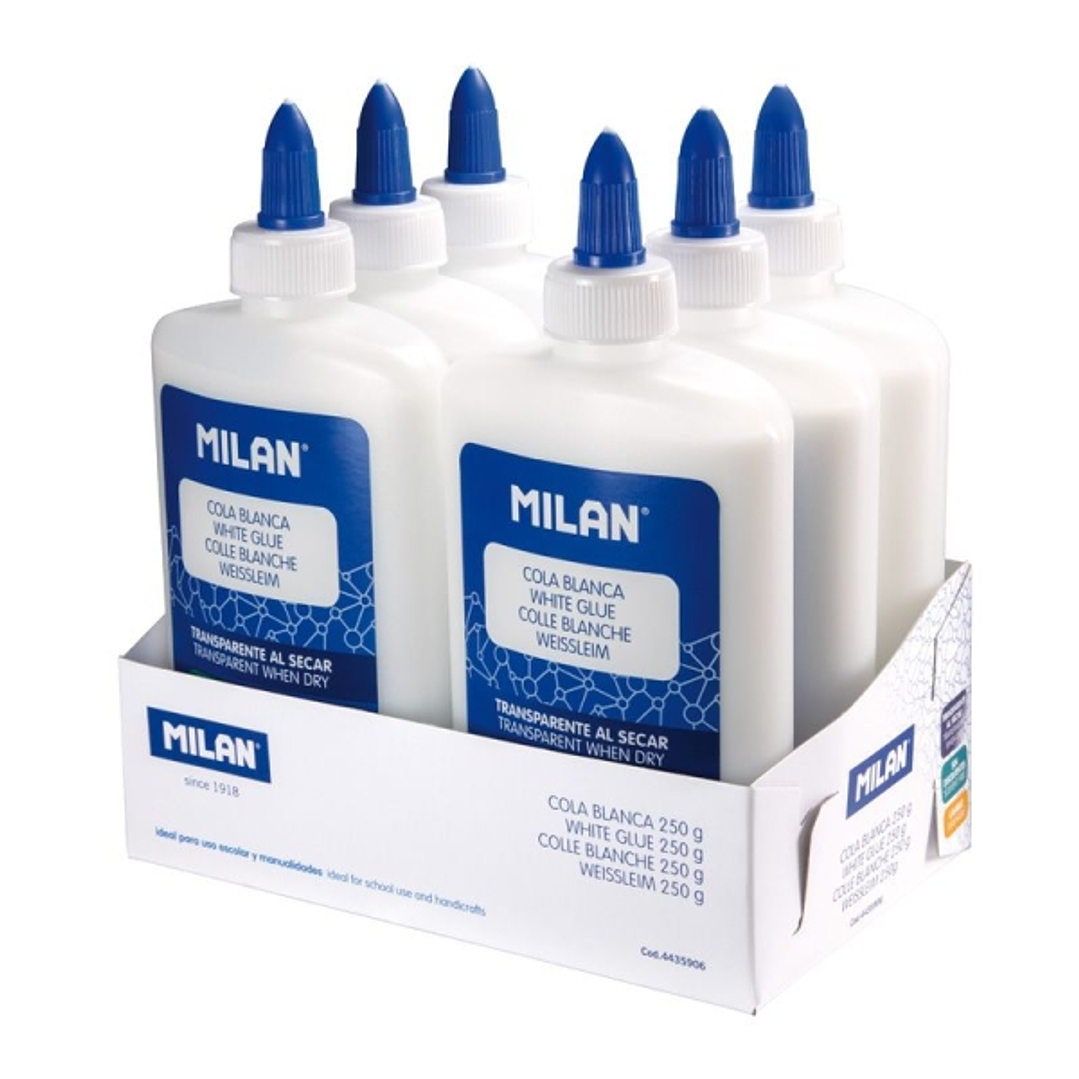 Milan Expositor con 6 Botes de Cola Blanca 250gr - Lavable y sin Disolventes - Ideal para Uso Escolar y Manualidades - Transparente al Secarse 1