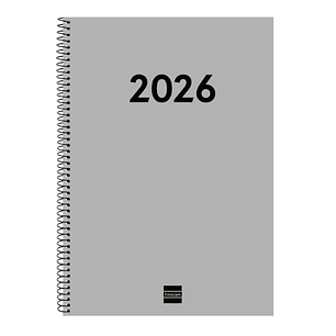 Finocam Espiral Recambio Anual 2026 para Agendas Duo - Anual 2026 - Formato E40 - 217x14x297mm - Semana Vista en Vertical - Color Gris Claro