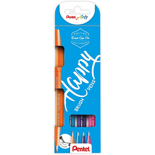 Pentel Brush Sing Pen Happy Pack de 4 Rotuladores con Punta de Pincel - Lineas Finas o Gruesas dependiendo de la Presion - Fabricados con 81% de Plast