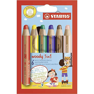 Stabilo Woody 3 en 1 Pack de 6 Lapices de Colores - Lapiz de Color, Cera y Acuarela, Todo en Uno - Mina XXL 10mm - Colores Surtidos