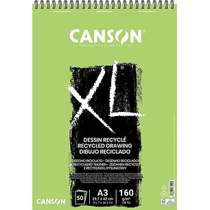 Canson XL Recycled Bloc de Dibujo con 50 Hojas A3 - Espiral Microperforado - Grano Fino - 160g - Color Blanco