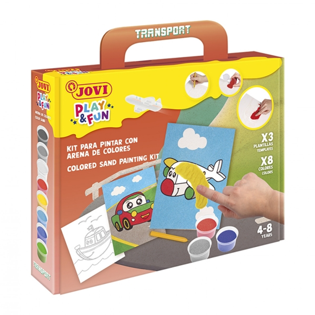 Jovi Play & Fun Kit Pinta con Arena Transport con 8 Botes de Arena + 1 Punzon + 3 Laminas con Diseños de Transportes - Colores Surtidos 1