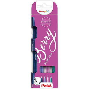 Pentel Brush Sing Pen Berry Pack de 4 Rotuladores con Punta de Pincel - Lineas Finas o Gruesas dependiendo de la Presion - Fabricados con 81% de Plast