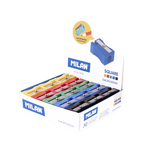 Milan Basic Expositor con 30 Sacapuntas - Sin Deposito - Cuchilla de Acero de Seguridad - Colores Surtidos