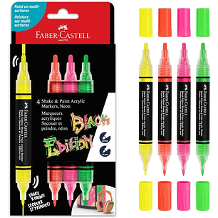 Faber-Castell Shake & Paint Black Edition Pack de 4 Rotuladores Acrilicos Doble Punta - Puntas Redondas de 1mm y 3mm - Tinta Acrilica al Agua - Colore