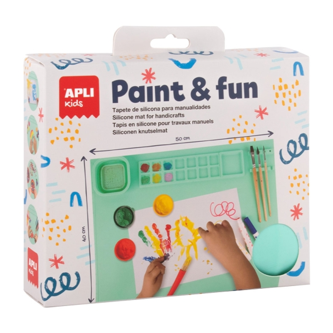 Apli Kids Paint & Fun Tapete de Silicona y Vaso Pleglable - Para Pintar y Hacer Manualidades sin Ensuciar - Color Verde 1