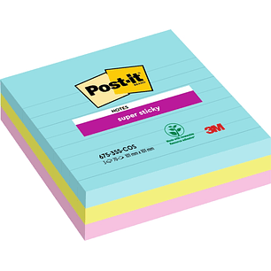 Post-It Super Sticky Pack de 3 Blocs de 70 Notas Adhesivas Reposicionables - Forma Cuadrada - 101x101mm - Colores Surtidos