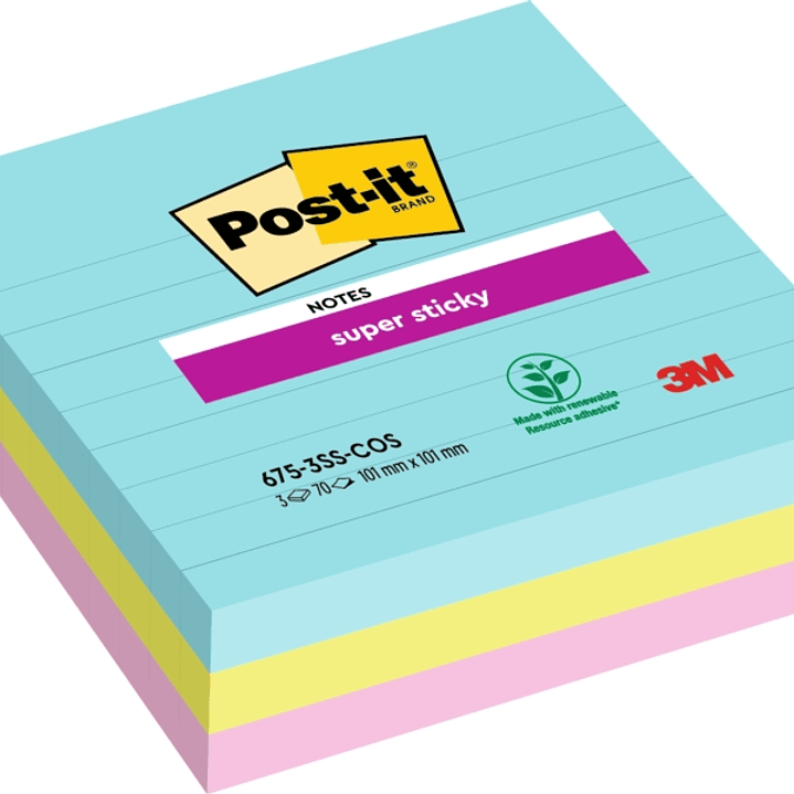Post-It Super Sticky Pack de 3 Blocs de 70 Notas Adhesivas Reposicionables - Forma Cuadrada - 101x101mm - Colores Surtidos 1