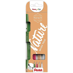 Pentel Brush Sing Pen Nature Pack de 4 Rotuladores con Punta de Pincel - Lineas Finas o Gruesas dependiendo de la Presion - Fabricados con 81% de Plas