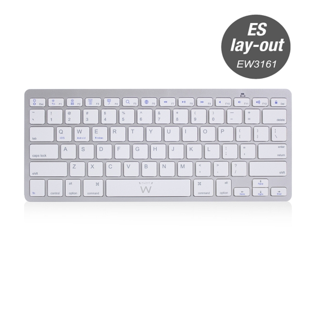 Ewent Teclado Inalambrico - 2x Baterias AAA - Disposicion QWERTY ES - Ultradelgado - Bluetooth - Color Plata/Blanco 1