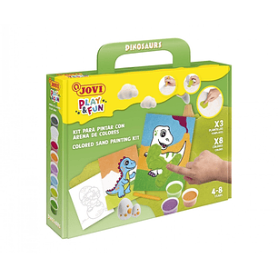 Jovi Play & Fun Kit Pinta con Arena Dinosaurs con 8 Botes de Arena + 1 Punzon + 3 Laminas con Diseños de Dinosaurios - Colores Surtidos