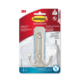 Command Gancho Doble Grande para Aseo - 2 Tiras Adhesivas - Soporta hasta 1.8kg - Color Niquel Satinado