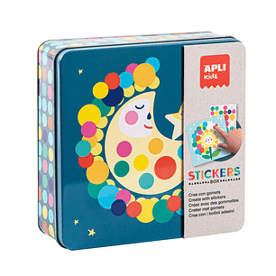 Apli Juegos de Gomets Luna - Incluye 16 Laminas y 12 Hojas de Gomets Removibles - Alto Valor Didactico - Caja Metalica con Diseño Exclusivo - Recomend