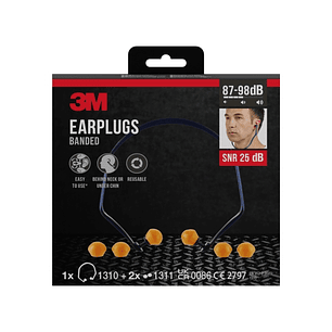 3M Tapones para Oidos con Banda - SNR hasta 25dB - 1 Par de Tapones Premontado - 2 Pares de Tapones de Repuesto - Color Naranja