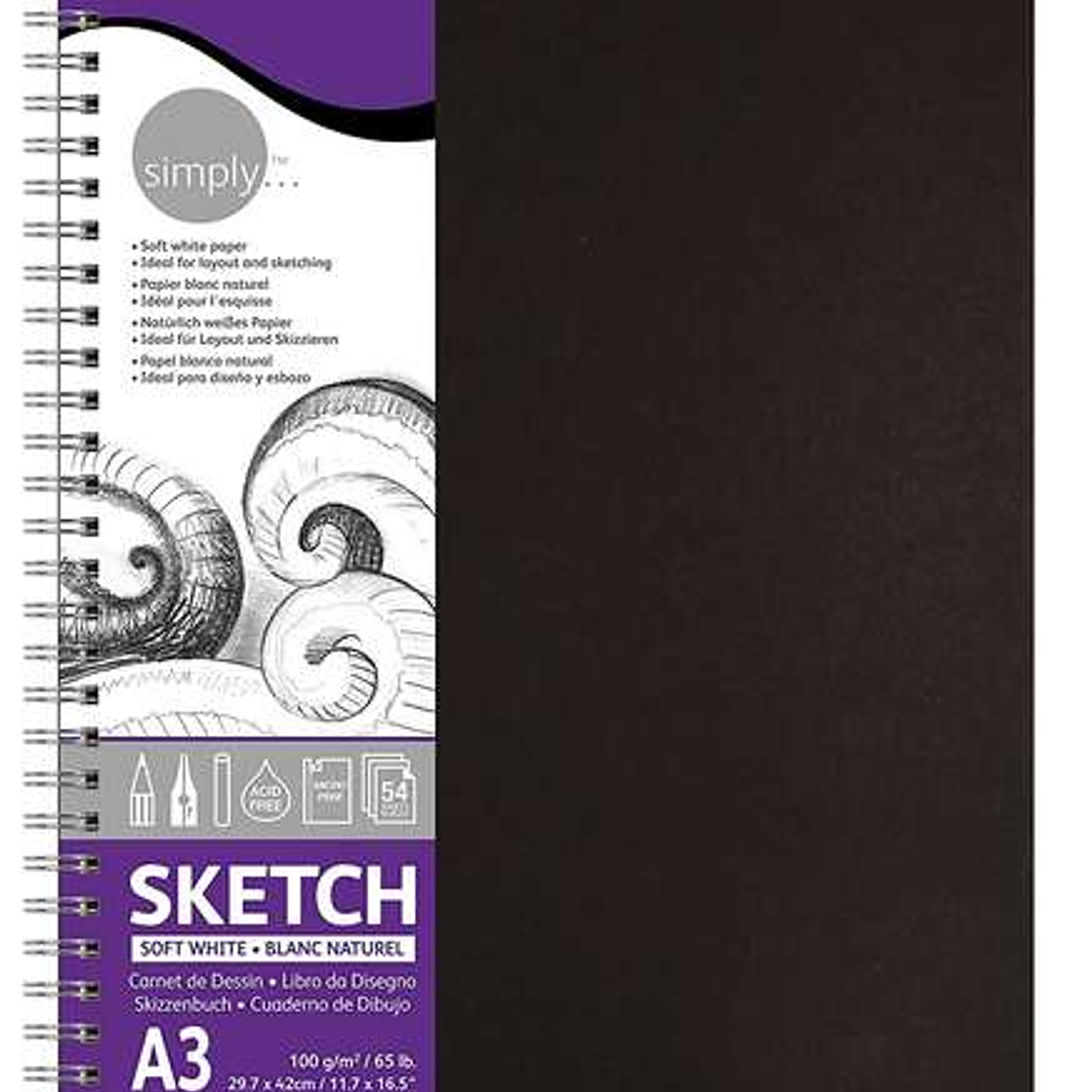 Daler Rowney Simply Cuaderno de Dibujo A3 - Cubierta Rigida con Encuadernacion en Espiral 100g/m2 - Color Blanco 1