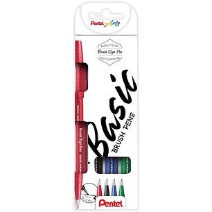 Pentel Brush Sing Pen Basic Pack de 4 Rotuladores con Punta de Pincel - Lineas Finas o Gruesas dependiendo de la Presion - Fabricados con 81% de Plast