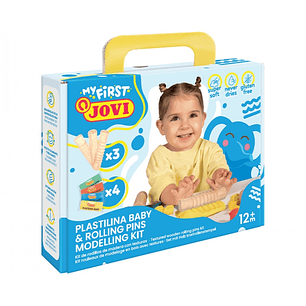 Jovi My First Plastilina Kit de Modelaje con 4 Pastillas de Plastilina 38gr + 3 Rodillos de Madera - Super Blanda - Estimula Creatividad y Sensibilida
