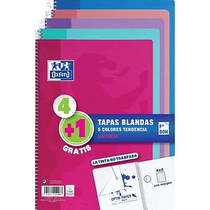Oxford Pack 4+1 Cuadernos Espiral Formato Folio Cuadriculado 4x4mm - 80 Hojas - Tapa Blanda - Colores Tendencia Surtidos