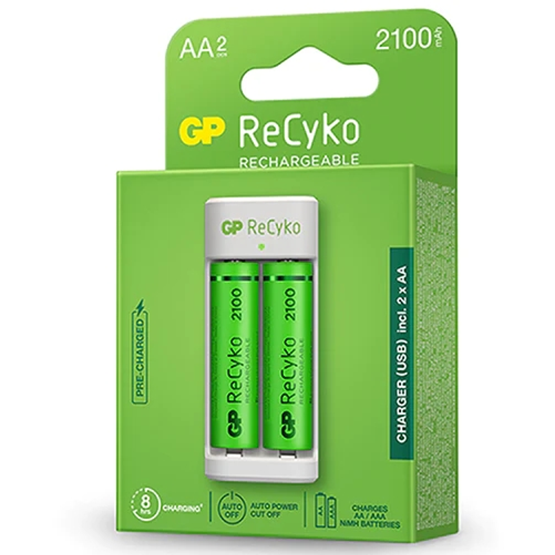GP ReCyko Pack de Cargador USB + 2 Pilas Recargables 2100mAh AA 1