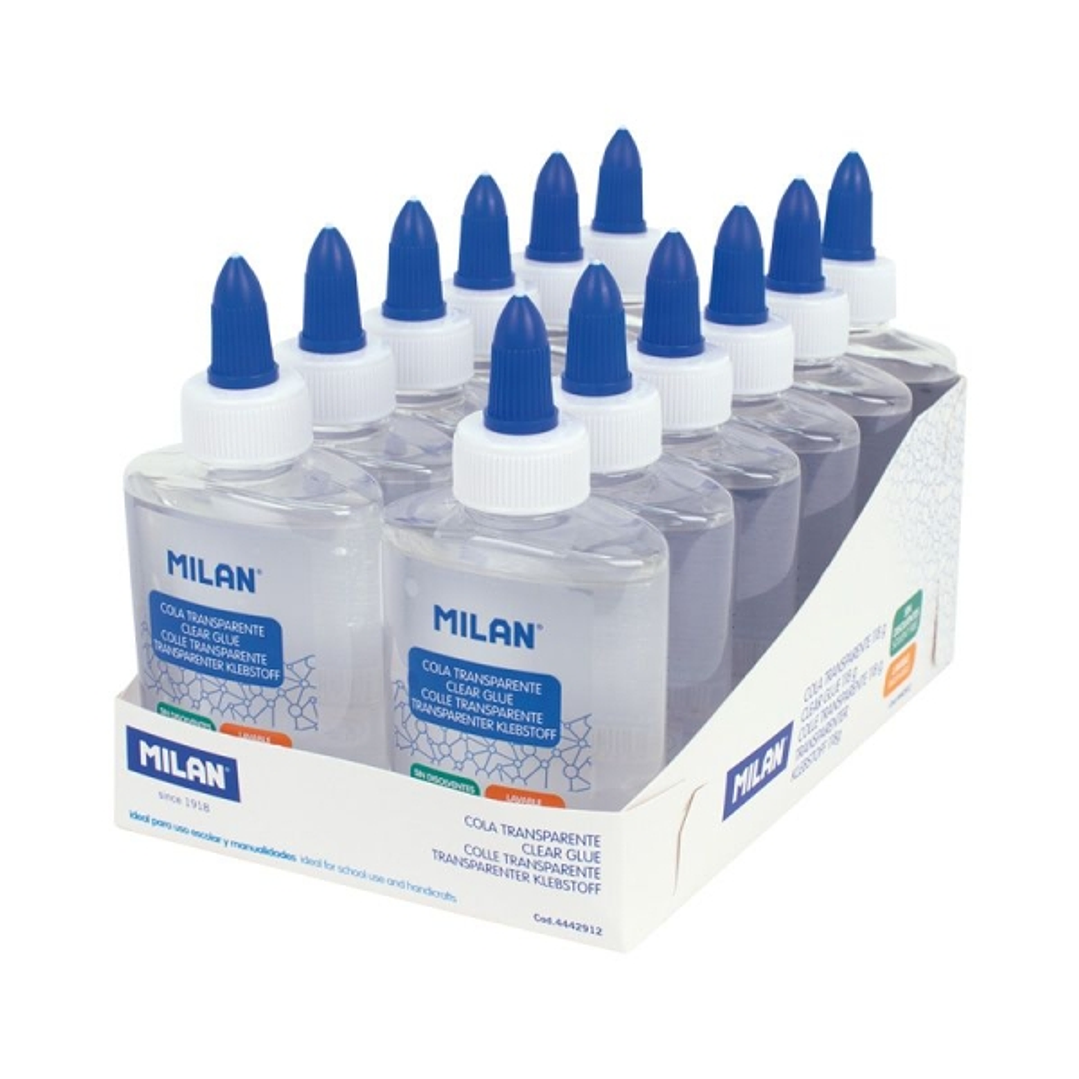 Milan Expositor con 12 Botes de Cola Transparente 118gr - Lavable y sin Disolventes - Ideal para Uso Escolar y Manualidades 1