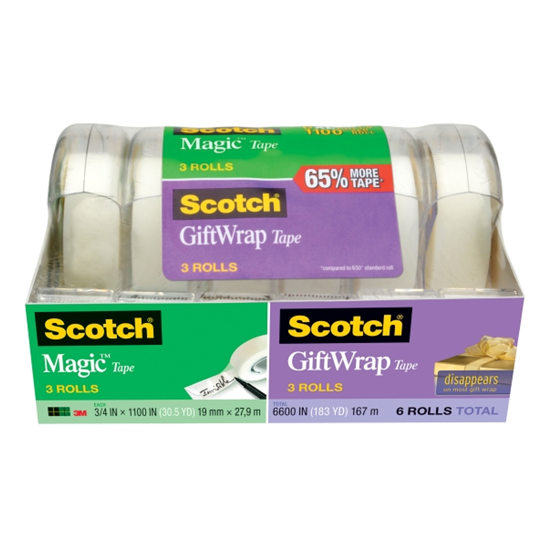 Scotch Magic/Giftwrap Pack de 6 Cintas Adhesivas Surtidas - 19mm x 27.9m - Color Transparente 1