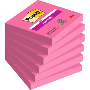 Post-It Super Sticky Pack de 6 Blocs de 90 Notas Adhesivas Reposicionables - Forma Cuadrada - 76x76mm - Color Rosa