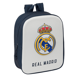 Safta Real Madrid Mochila Guarderia 3D - Asa de Mano - Compartimento Principal con Cremallera - 22x27x10cm - Color Blanco/Negro