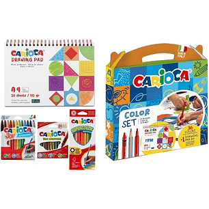 Carioca Color Set Pack con 12 Ceras, 12 Rotuladores y 12 Lapices de Colores + Bloc de Dibujo A4 - Colores Surtidos