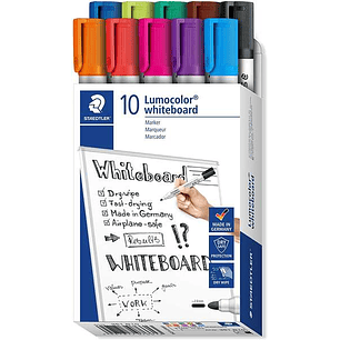 Staedtler Lumocolor 351 Pack de 10 Marcadores para Pizarra Blanca - Punta 2mm Aprox - Secado Rapido - Colores Surtidos