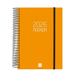 Finocam Opaque Agenda de Espiral - Anual 2026 - Tapa Ligera - Cierre con Goma Elastica - Formato E10 - 175x29x212mm - 1 Dia por Pagina - Color Naranja