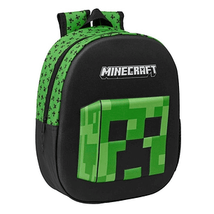 Safta Minecraft Mochila 3D - Asa de Mano - Portabotellas Lateral - 27x33x10cm - Color Negro/Verde