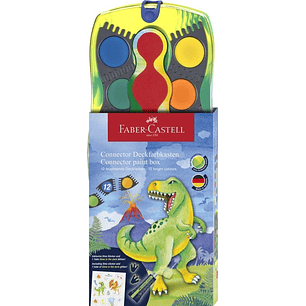 Faber-Castell Connector Dinosaurio Pack de 12 Acuarelas en Pastilla + Pintura Blanca Opaca + Pegatinas - Gran Opacidad - Facilmente Mezclables - Color