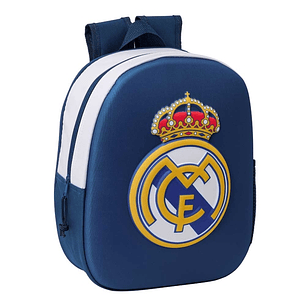 Safta Real Madrid Mochila 3D de 8.64L - Portabotellas - Tarjeta de Identificacion Personal - Hombreras Acolchadas - 27x33x10cm - Color Blanco y Azul