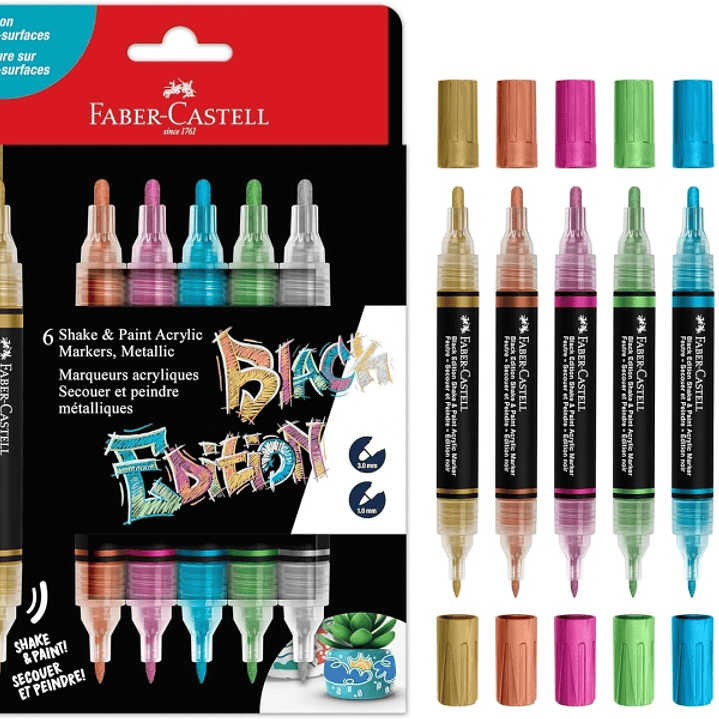 Faber-Castell Shake & Paint Black Edition Pack de 6 Rotuladores Acrilicos Doble Punta - Puntas Redondas de 1mm y 3mm - Tinta Acrilica al Agua - Colore 1