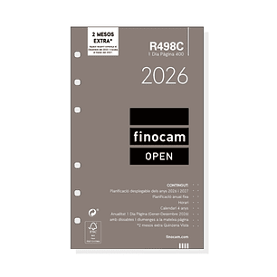 Finocam R498C Recambio Anual 2026 para Agendas Open 2026 en Catalan - Formato 400 - 91x16x152mm - 1 Dia por Pagina - Color Blanco