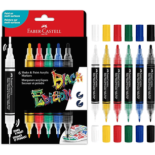 Faber-Castell Shake & Paint Black Edition Pack de 6 Rotuladores Acrilicos Doble Punta - Puntas Redondas de 1mm y 3mm - Tinta Acrilica al Agua - Color 