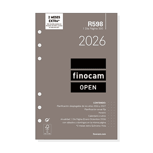 Finocam R598 Recambio Anual 2026 para Agendas Open 2026 - Formato 500 - 117x16x181mm - 1 Dia por Pagina - Color Blanco