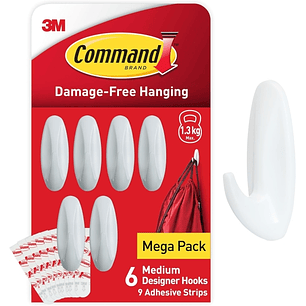 Command Pack de 6 Ganchos de Diseño Medianos - 9 Tiras Adhesivas - Soportan hasta 1.3kg - Color Blanco