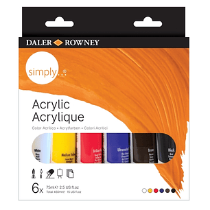 Daler Rowney Simply Pack de 6 Pinturas Acrilicas - Tubos de Plastico - 75ml - Colores Surtidos