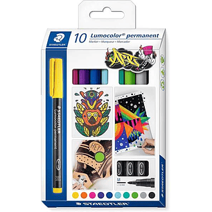 Staedtler Lumocolor 317 Pack de 10 Rotuladores Permanentes - Punta Media Redonda - Trazo 1mm Aprox - Capuchon con Clip - Secado Rapido - Colores Surti