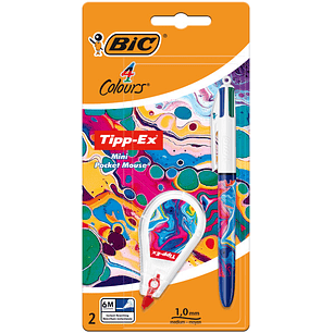 Bic 4 Colours Decors Hydro Pack de 1 Boligrafo de Bola Retractil + Corrector Pocket Mouse 5mmx6m - Punta Media de 1.0mm - Tinta con Base de Aceite - 4