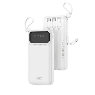 XO PR278 Powerbank de 10000mAh - 3 Salidas - Cables Integrados - USB-A, USB-C, USB-Micro y Lightning - Pantalla Digital - Color Blanco