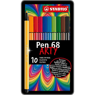 Stabilo Pen 68 Arty Caja Metalica de 10 Rotuladores - Punta de Fibra - Trazo de 1mm aprox. - Tinta a Base de Agua - Capuchon Ventilado - Colores Surti