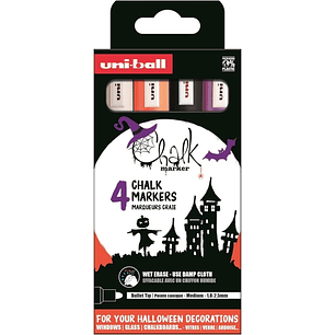 Uni-ball Chalk Colores Halloween Pack de 4 Marcadores de Tiza Liquida - Punta Conica 1.8-2.5mm - Borrado en Humedo - Resistente a la Lluvia - Colores 