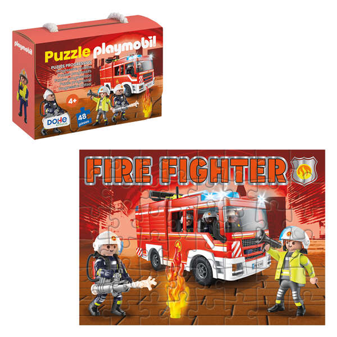 Dohe Playmobil Puzzle para Niños de 48 Piezas - Tematica Bomberos - Doble Capa de Carton - Capa Intermedia de Contrachapado - Estimula Imaginacion y R 1
